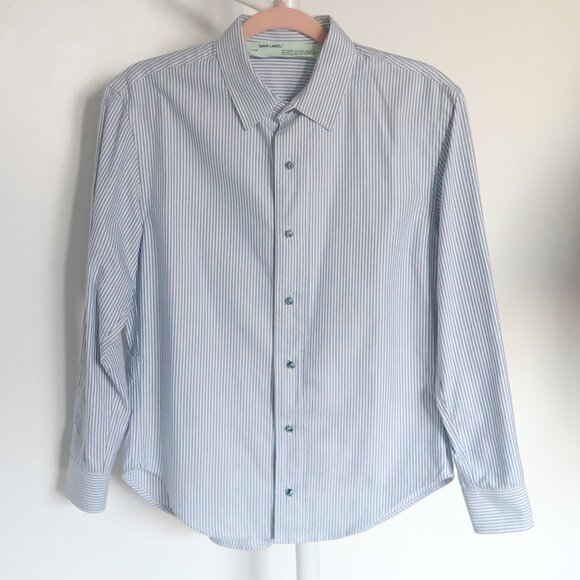 Off-White Virgil Abloh Blue Striped Long Sleeve Button-Up Shirt Graphic Back S - Picture 3 of 16